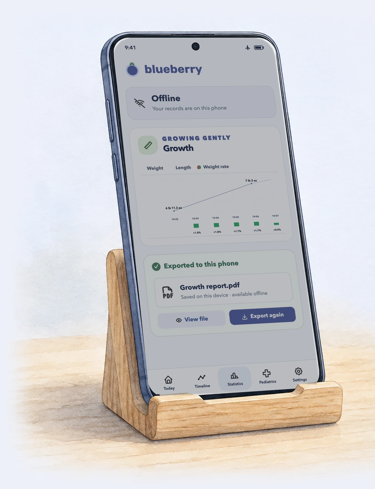 Illustration of the planned Blueberry mobile app showing growth records and an offline export on a phone in a wooden stand