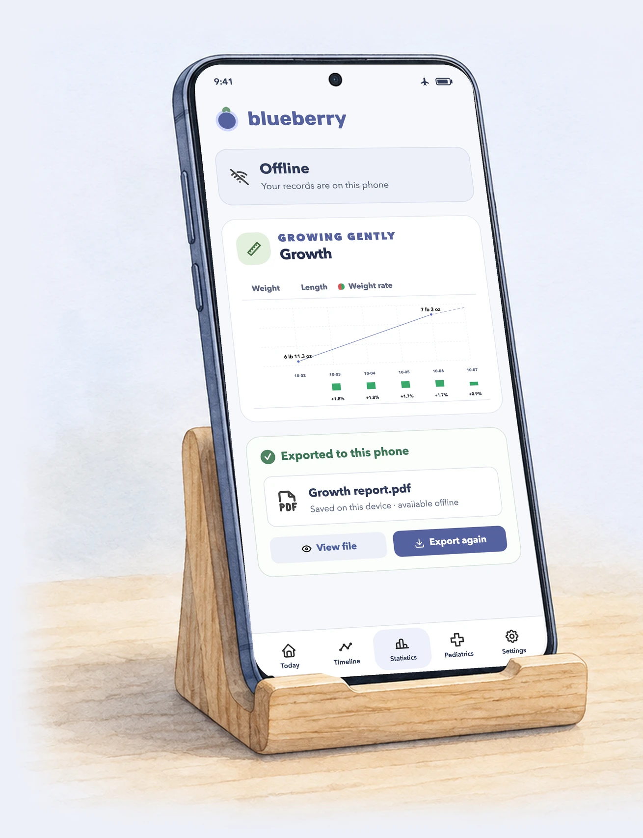 Illustration of the planned Blueberry mobile app showing growth records and an offline export on a phone in a wooden stand